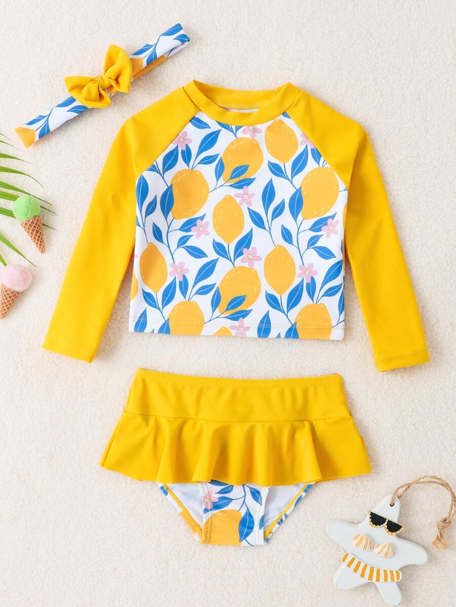 Baby Girl Lemon & Floral Print Ruffle Hem Skort Beachwear & Headband Summer Beach - Multicolor - View 1