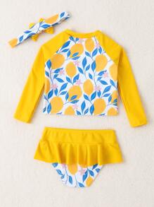 Baby Girl Lemon & Floral Print Ruffle Hem Skort Beachwear & Headband Summer Beach - Multicolor - View 2