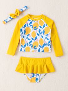 Baby Girl Lemon & Floral Print Ruffle Hem Skort Beachwear & Headband Summer Beach - Multicolor - View 3