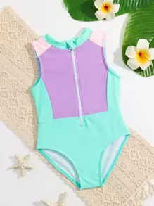 Toddler Girls Color Block Zipper Front One Piece Swimsuit - Multicolor - View 1