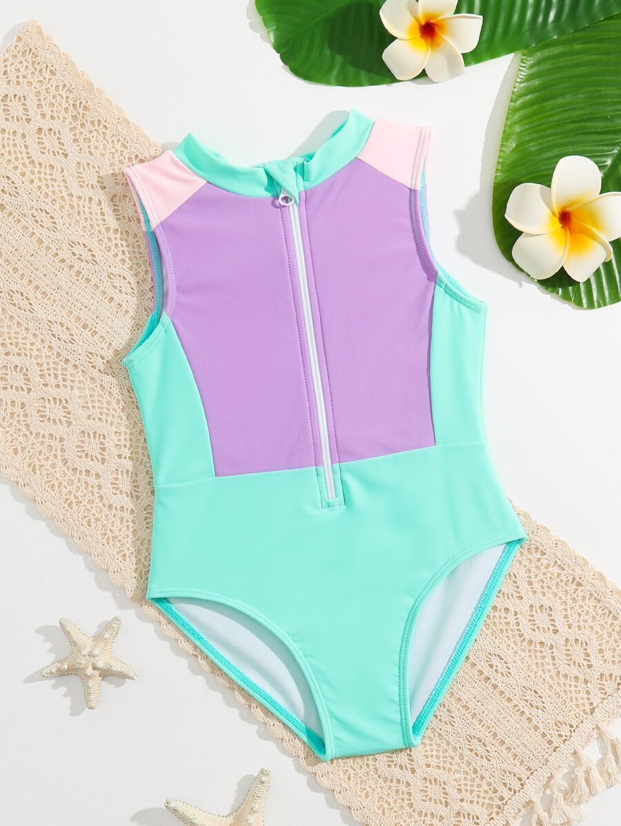 Toddler Girls Color Block Zipper Front One Piece Swimsuit - Multicolor - View 1