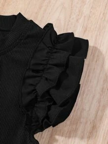 SHEIN 女孩多層荷葉邊羅紋針織T恤 - 黑色 - 查看 3