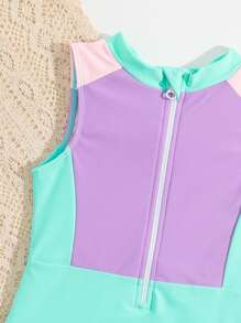 Toddler Girls Color Block Zipper Front One Piece Swimsuit - Multicolor - View 3