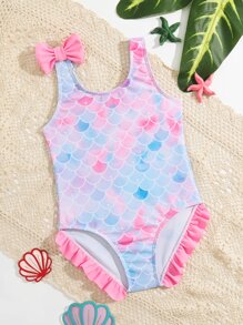 小女童魚鱗圖案肩部蝴蝶結荷葉邊連體泳衣 - 彩色 - 查看 1