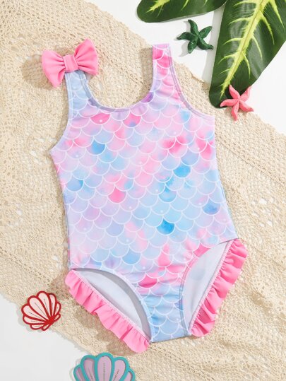 小女童魚鱗圖案肩部蝴蝶結荷葉邊連體泳衣