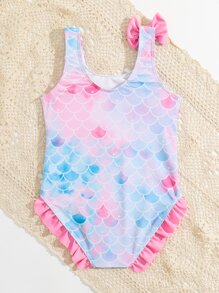 小女童魚鱗圖案肩部蝴蝶結荷葉邊連體泳衣 - 彩色 - 查看 2