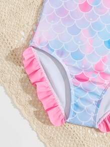 小女童魚鱗圖案肩部蝴蝶結荷葉邊連體泳衣 - 彩色 - 查看 3