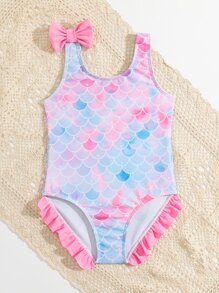 小女童魚鱗圖案肩部蝴蝶結荷葉邊連體泳衣 - 彩色 - 查看 4