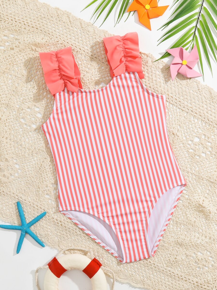 SHEIN Young Girl Striped Ruffle Trim One Piece Swimsuit - Multicolor - View 1