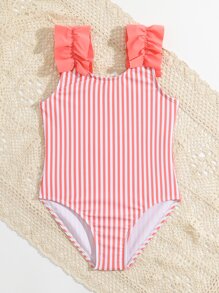 SHEIN Young Girl Striped Ruffle Trim One Piece Swimsuit - Multicolor - View 3