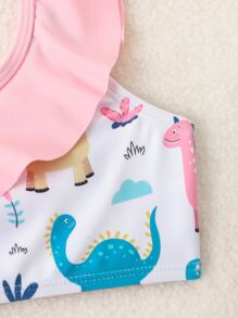 女婴卡通恐龙荷叶边装饰不对称颈部荷叶边下摆沙滩装夏季海滩 - 彩色 - 查看 5