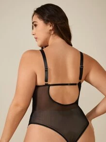 Plus Mesh Cut Out Garter Teddy Bodysuit - Black - View 2