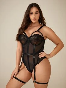 Plus Mesh Cut Out Garter Teddy Bodysuit - Black - View 3