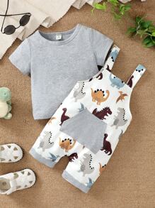 男嬰素色T恤和恐龍印花袋鼠口袋背帶連體短褲 - 彩色 - 查看 1