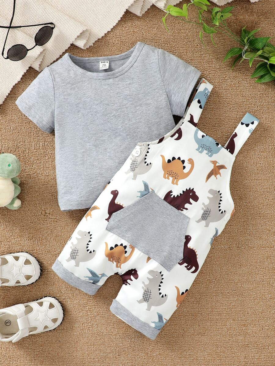男嬰素色T恤和恐龍印花袋鼠口袋背帶連體短褲 - 彩色 - 查看 1