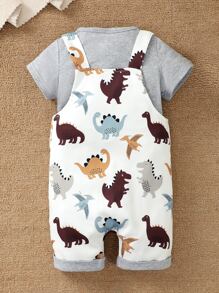 男嬰素色T恤和恐龍印花袋鼠口袋背帶連體短褲 - 彩色 - 查看 2