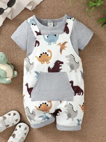 男嬰素色T恤和恐龍印花袋鼠口袋背帶連體短褲 - 彩色 - 查看 3