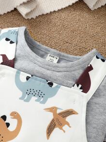 男嬰素色T恤和恐龍印花袋鼠口袋背帶連體短褲 - 彩色 - 查看 4