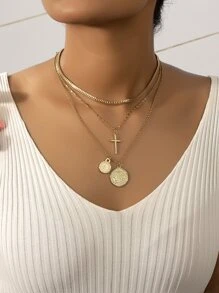 3入組交叉和圓形吊飾項鍊 - 金黃色 - 查看 1