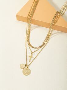 3入組交叉和圓形吊飾項鍊 - 金黃色 - 查看 2
