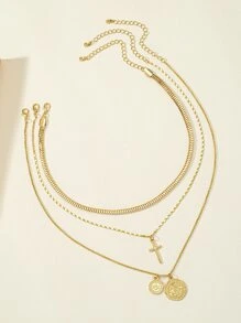 3入組交叉和圓形吊飾項鍊 - 金黃色 - 查看 3