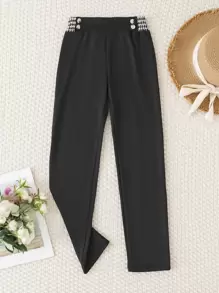 Chicas Pantalones de pata de gallo panel con diseño de botón - Negro - Ver 1