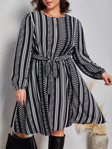 SHEIN VCAY Plus Striped Print Lantern Sleeve Belted Dress - Black and White - View 3