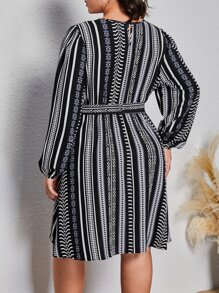 SHEIN VCAY Plus Striped Print Lantern Sleeve Belted Dress - Black and White - View 2