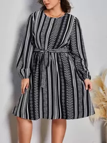 SHEIN VCAY Plus Striped Print Lantern Sleeve Belted Dress - Black and White - View 1