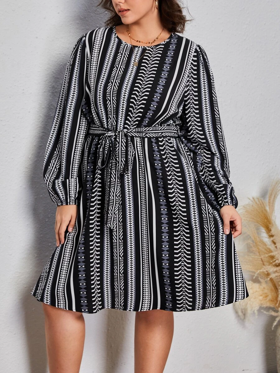 SHEIN VCAY Plus Striped Print Lantern Sleeve Belted Dress - Black and White - View 1