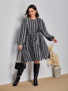 SHEIN VCAY Plus Striped Print Lantern Sleeve Belted Dress - Black and White - View 4