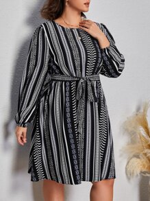 SHEIN VCAY Plus Striped Print Lantern Sleeve Belted Dress - Black and White - View 5