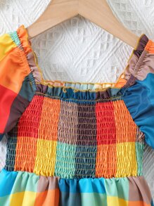 SHEIN 小女童格紋印花打褶泡泡袖洋裝