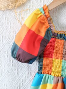 SHEIN 小女童格紋印花打褶泡泡袖洋裝