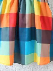 SHEIN 小女童格紋印花打褶泡泡袖洋裝