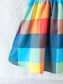 SHEIN 小女童格紋印花打褶泡泡袖洋裝