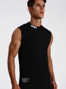 Manfinity Running 男士口号图案运动背心 运动上衣 透气运动上衣 - 黑色 - 查看 1