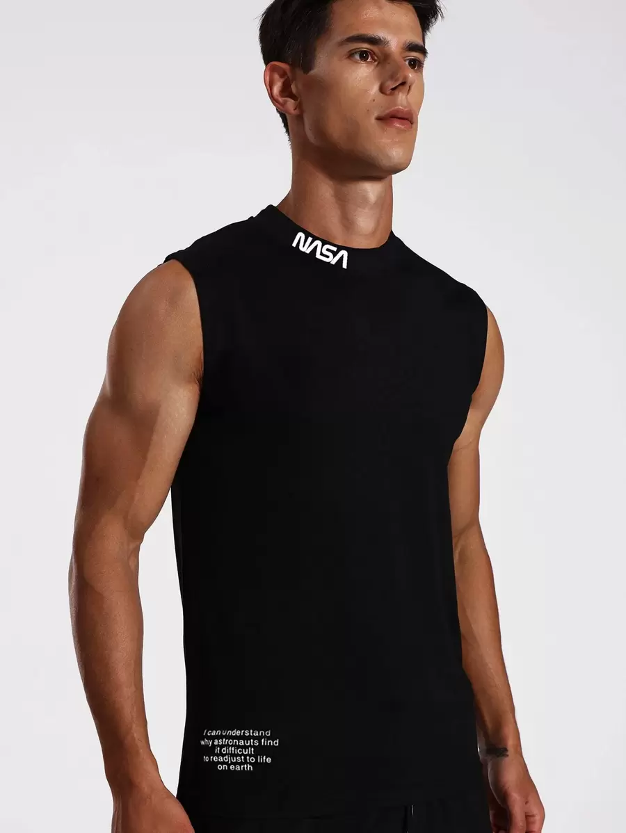 Manfinity Running 男士口号图案运动背心 运动上衣 透气运动上衣 - 黑色 - 查看 1