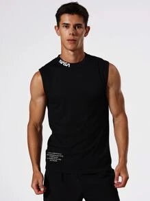 Manfinity Running 男士口号图案运动背心 运动上衣 透气运动上衣 - 黑色 - 查看 3