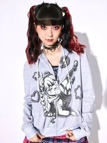 ROMWE Anime Cartoon Graphic Zip Up Hoodie - Light Grey - View 1
