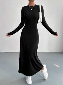 SHEIN EZwear Solid Round Neck A Line Dress