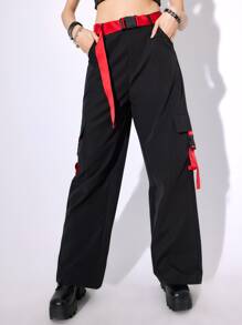 ROMWE Anime Solid Cargo Pants - Black - View 1