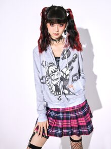ROMWE Anime Cartoon Graphic Zip Up Hoodie - Light Grey - View 3