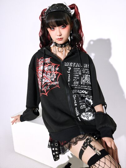 Anime Capucha con cremallera con estampado de slogan