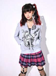 ROMWE Anime Cartoon Graphic Zip Up Hoodie - Light Grey - View 5