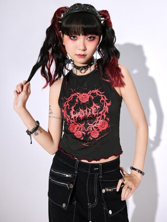 Anime Top tank con estampado de corazón y letra ribete en forma de lechuga