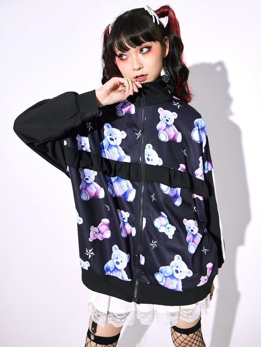ROMWE Anime Cartoon Graphic Drop Shoulder Ruffle Trim Sweatshirt - Black - View 1