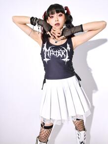 ROMWE J-Fashion Áo hai dây Ren lên Lá thư Giải trí - Màu xanh hải quân - Xem 4