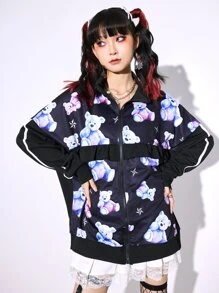 ROMWE Anime Cartoon Graphic Drop Shoulder Ruffle Trim Sweatshirt - Black - View 2