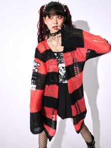 ROMWE Anime 骷髏刺繡撞色仿舊開襟衫 - 彩色 - 查看 1